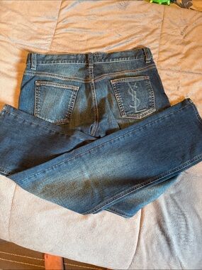 Yves Saint Laurent Men's Blue Denim Relaxed Jeans with Back Pocket Detail